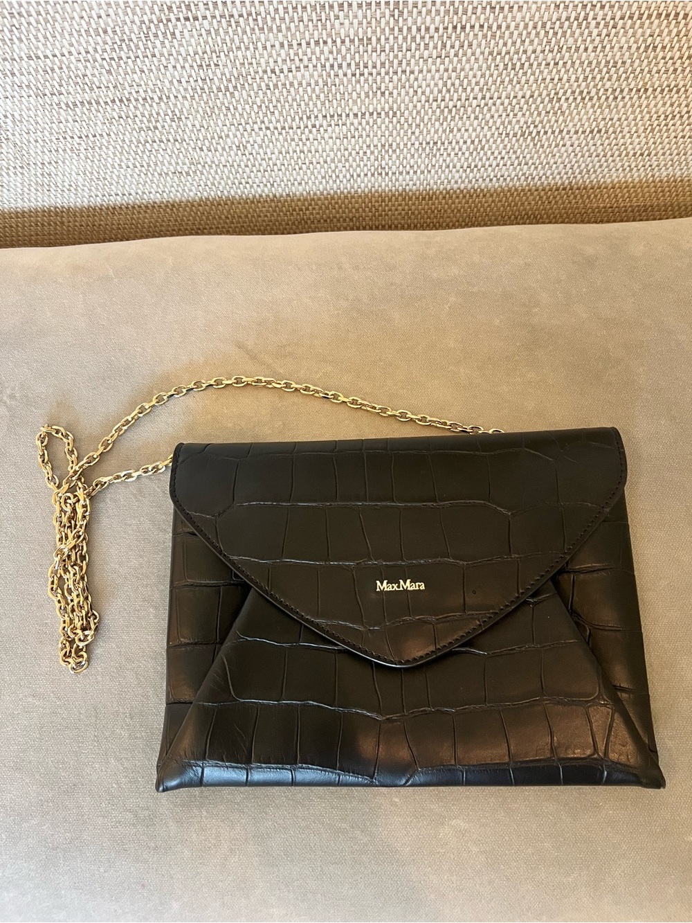 MaxMara Black Croc-Embossed Leather Chain Envelope Shoulder Bag